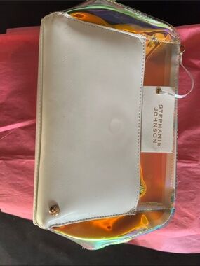 Stephanie Johnson White Holographic Clear Wristlet Clutch